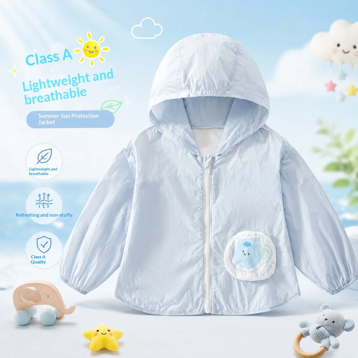 A Class Baby Sun Protection Jacket Summer Ultra Thin Lightweight Hooded Coat Cartoon Pocket Print Zipper Skin Friendly Toddler O