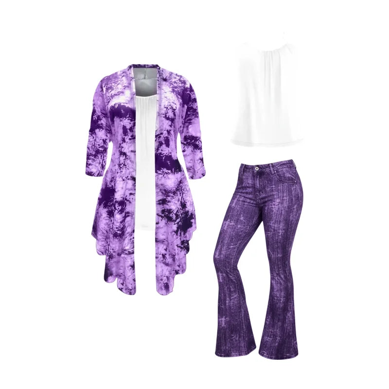 Women Sleeveless Camisole Printed Three Piece Outfit With Flared Pants For Casual Streetwear Vacation And Daily Occasion