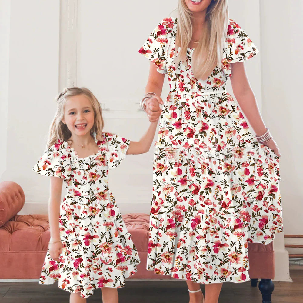 Vintage Mother Daughter Dress Vestidos Family Matching Outfits Children Dress Beach Casual Women Dresses Summer Girls Clothing