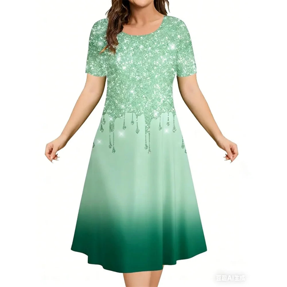2026 New Women's Simple Gradient Color Casual Dresses Elegant Woman Clothes Evening Midi Dress Crew Neck Short Sleeve Dresses