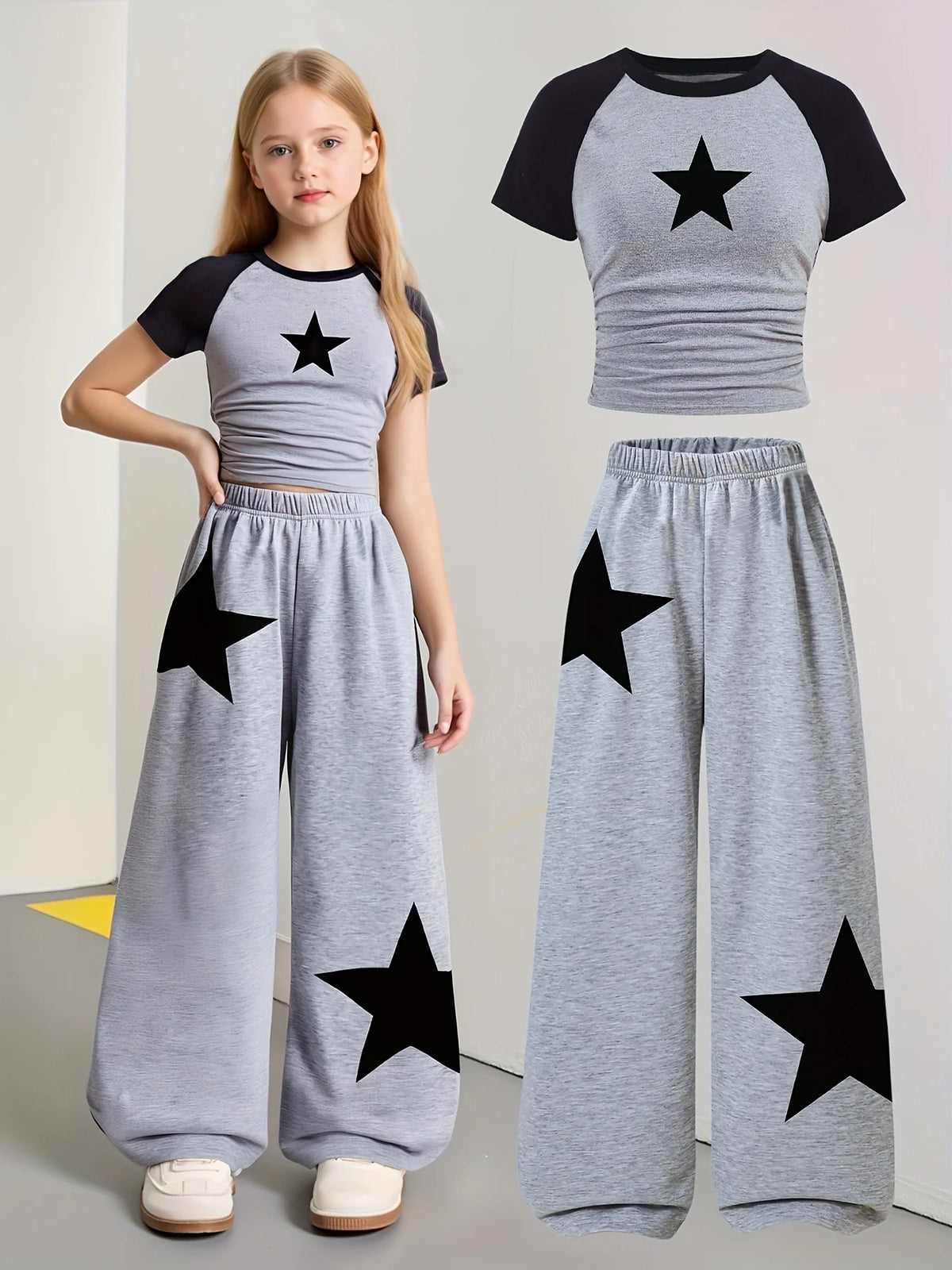 Girls' Summer and Autumn Casual Outfit: Girls' Fitted Top T-Shirt + Wide-Leg Long Pants Two-Piece Set, Children's Star Print Set Suitable for 8-12 Year Old Kids, Versatile Clothing for Home and Outings