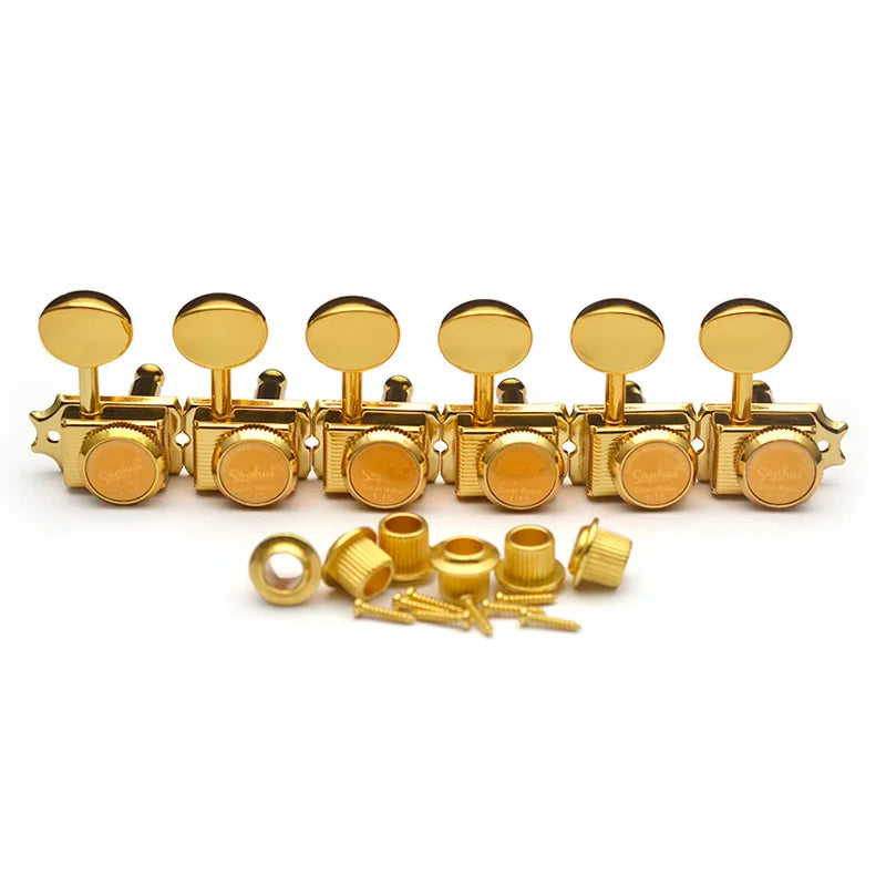 SAPHUE 6 Inline Guitar Lock String Tuners 1:15 Vintage Guitar Locking Tuning Key Pegs Machine Heads Replacement for ST TL Style Electric Folk or Acoustic Guitars Chrome/Gold
