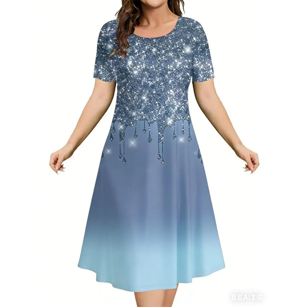 2026 New Women's Simple Gradient Color Casual Dresses Elegant Woman Clothes Evening Midi Dress Crew Neck Short Sleeve Dresses