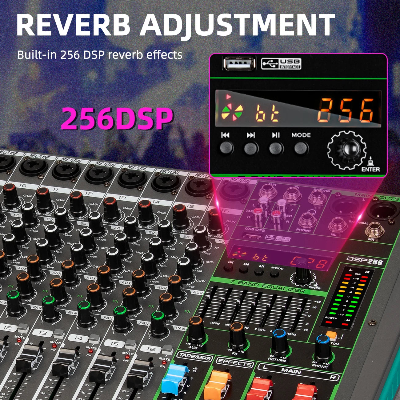 12 Channels Audio Sound Mixer Depusheng MG12 Mixing DJ Console USB with 48V Phantom Power 256 DSP Effects Sound Table for Stage