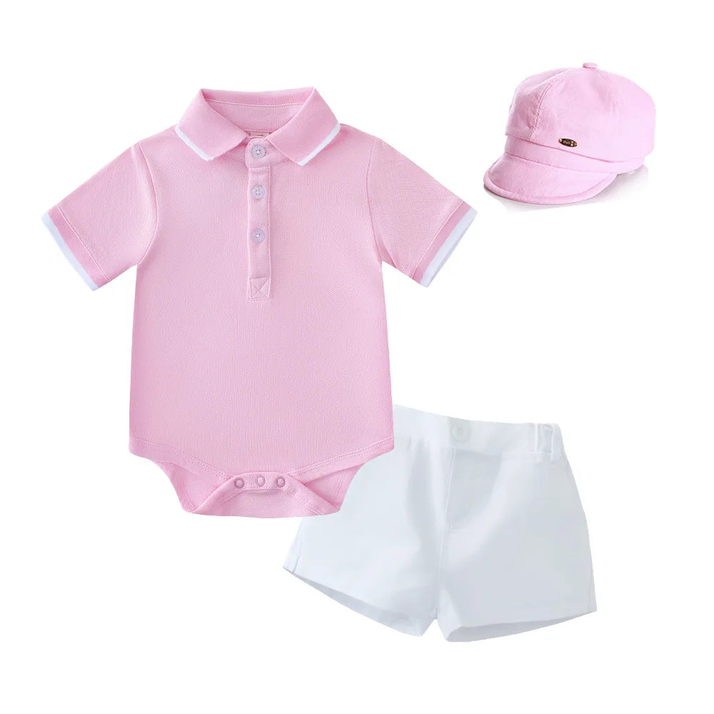 Summer Baby Boy Romper with Hat Clothes Infant Outfit Set Summer Polo Shirts Short Sleeve Shirt Shorts Boys Clothing Set
