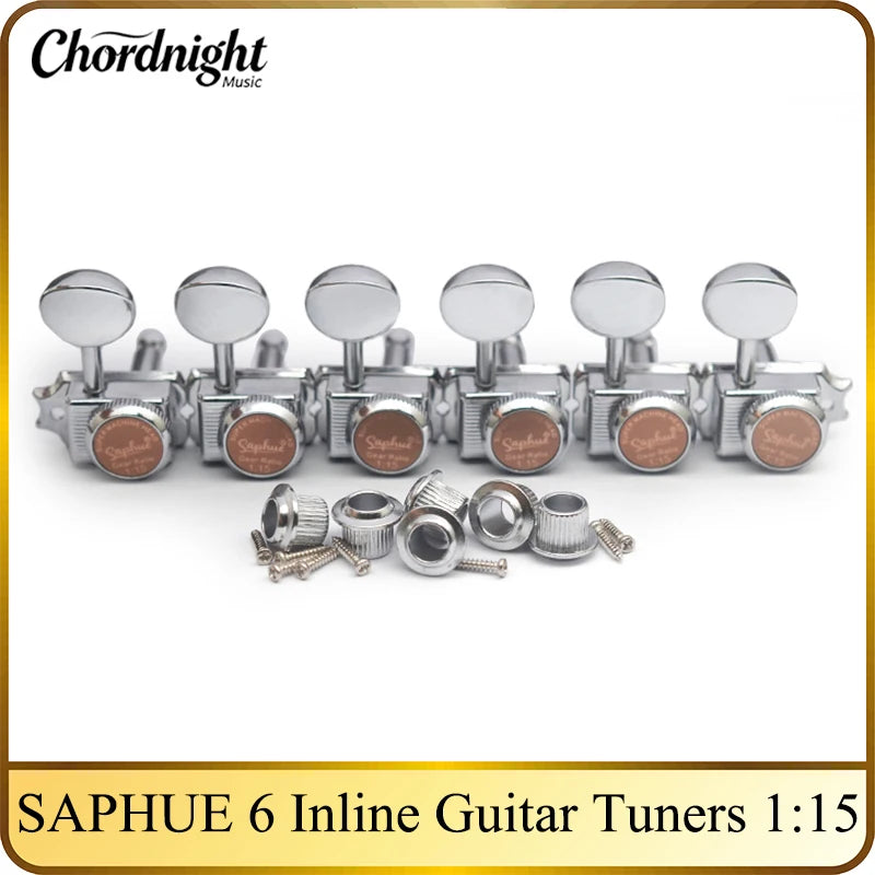 SAPHUE 6 Inline Guitar Lock String Tuners 1:15 Vintage Guitar Locking Tuning Key Pegs Machine Heads Replacement for ST TL Style Electric Folk or Acoustic Guitars Chrome/Gold