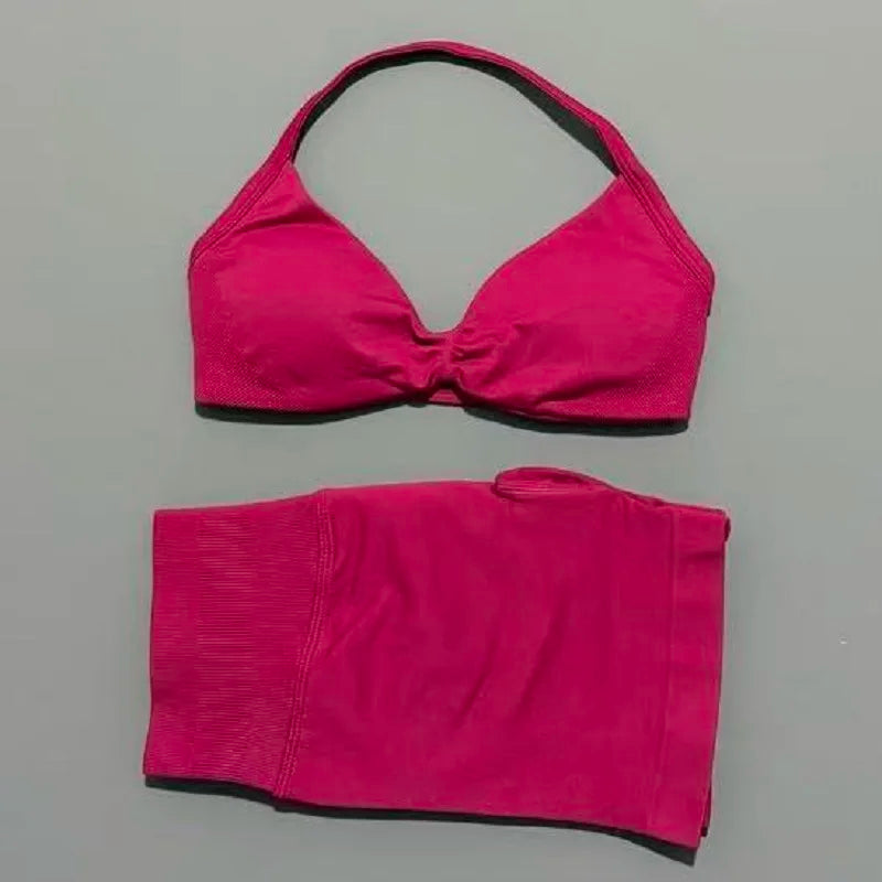 2 Pieces Yoga Gym Set Women Seamless Strappy Yoga Bra High Waist Workout Scrunch Shorts Sports Set Fitness Clothes Sportswear
