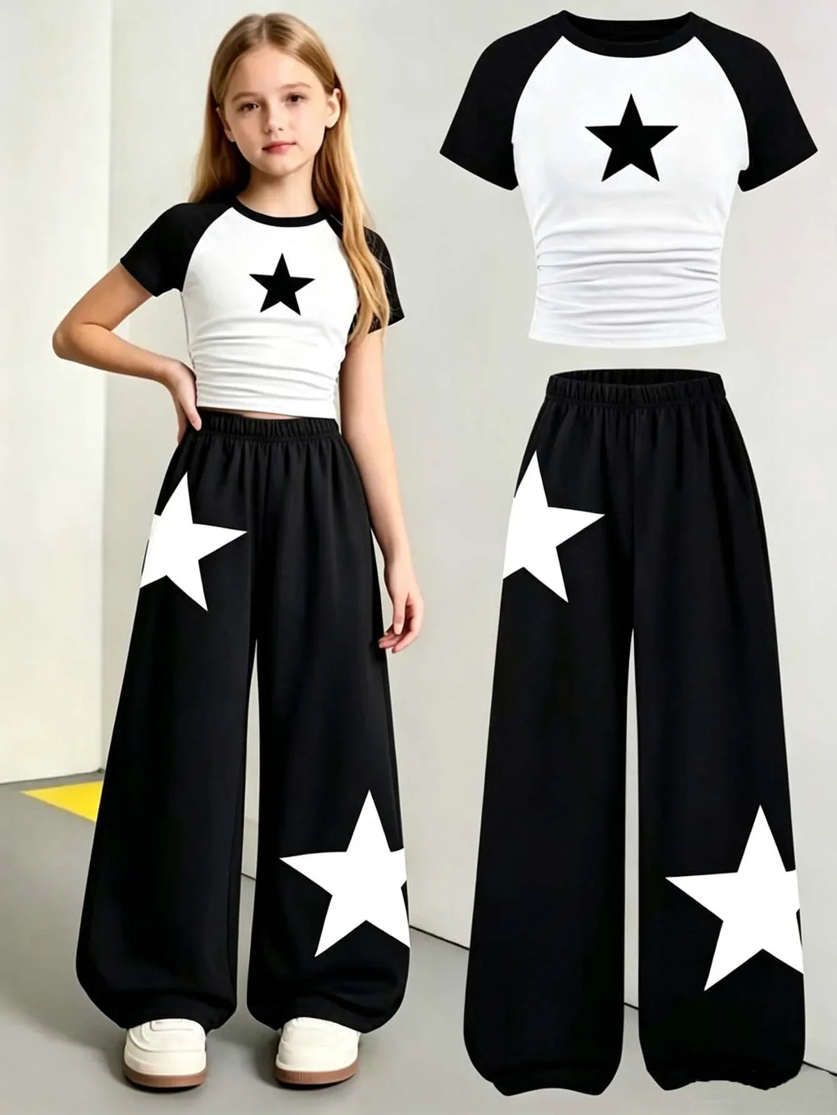 Girls' Summer and Autumn Casual Outfit: Girls' Fitted Top T-Shirt + Wide-Leg Long Pants Two-Piece Set, Children's Star Print Set Suitable for 8-12 Year Old Kids, Versatile Clothing for Home and Outings