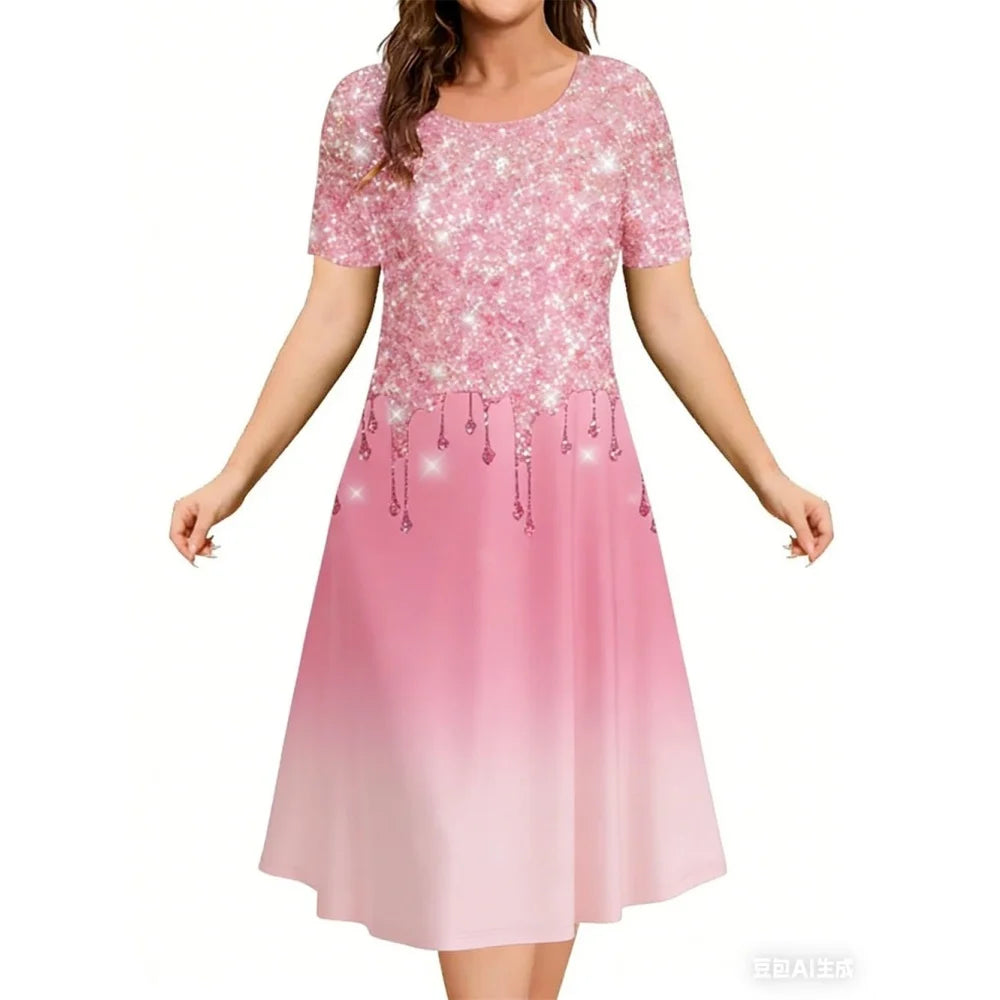 2026 New Women's Simple Gradient Color Casual Dresses Elegant Woman Clothes Evening Midi Dress Crew Neck Short Sleeve Dresses