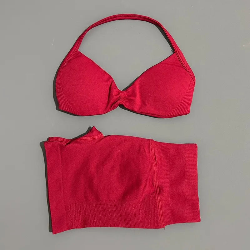 2 Pieces Yoga Gym Set Women Seamless Strappy Yoga Bra High Waist Workout Scrunch Shorts Sports Set Fitness Clothes Sportswear