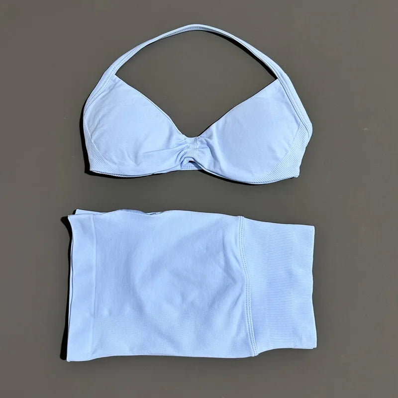 2 Pieces Yoga Gym Set Women Seamless Strappy Yoga Bra High Waist Workout Scrunch Shorts Sports Set Fitness Clothes Sportswear