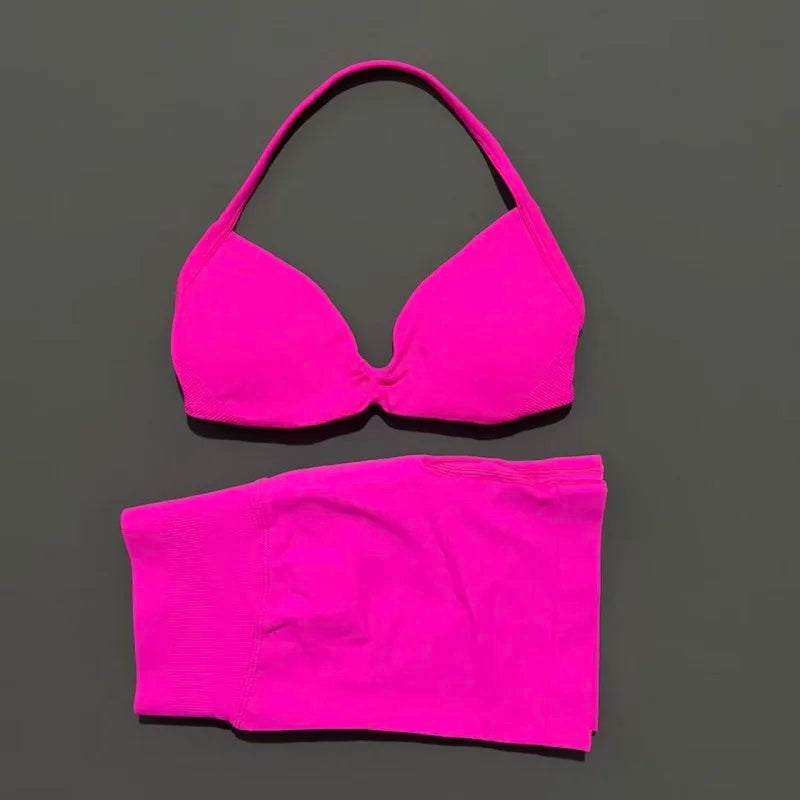 2 Pieces Yoga Gym Set Women Seamless Strappy Yoga Bra High Waist Workout Scrunch Shorts Sports Set Fitness Clothes Sportswear