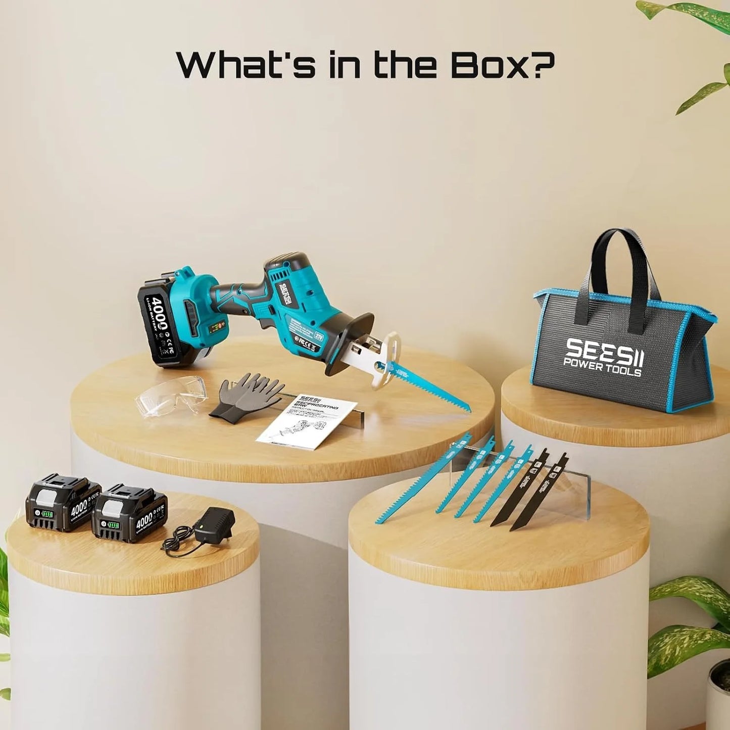 SEESII Reciprocating Saw Cordless Cutting Saw Variable Speed 3500 RPM Brushless Motor with 6 Saw Blades Portable Saw Power Tool 4.0Ah Battery For Wood PVC Cutting