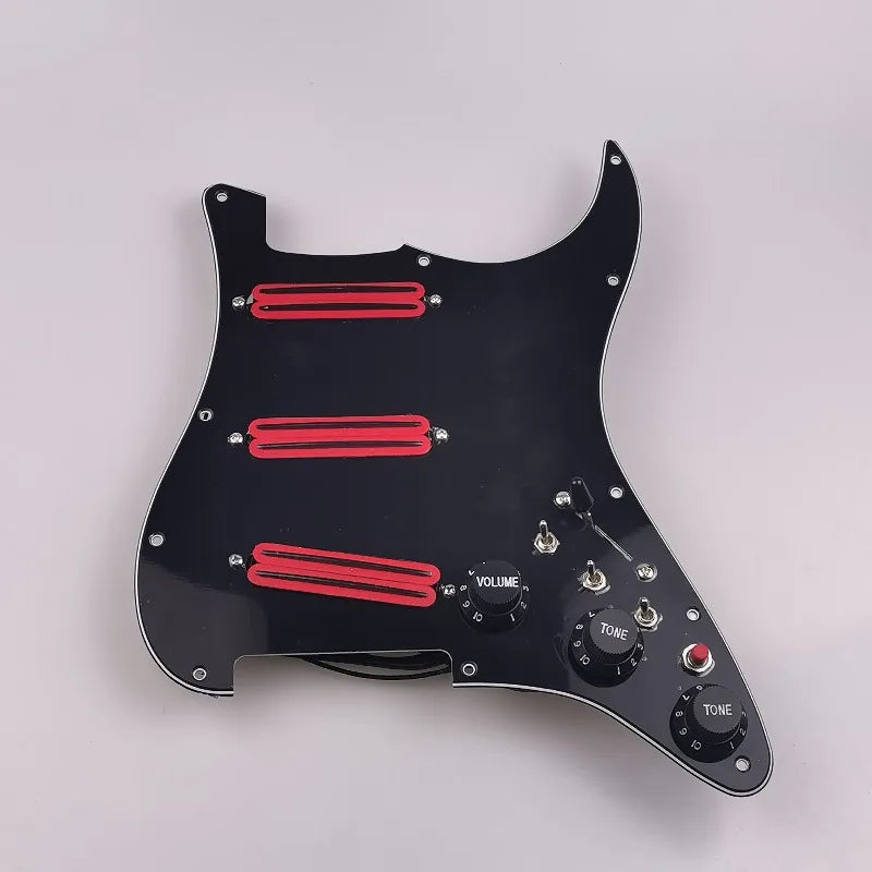 Prewired SSS Red Rail Pickups Loaded Pickguard Black 3-Ply High Output Rail Single Coil Assembly for ST Strat Guitar