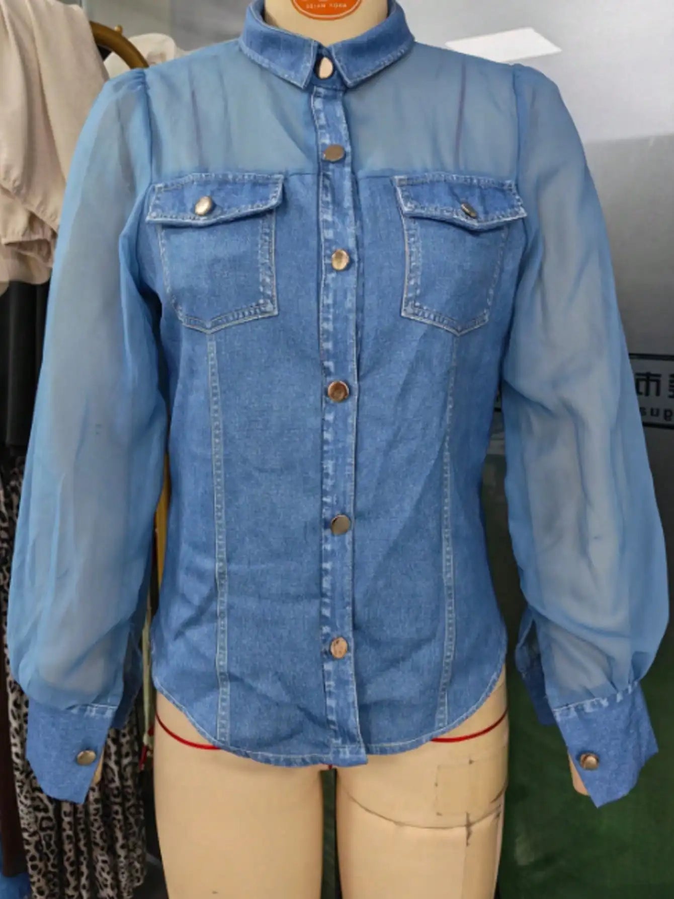 Women's Denim Fabric & Mesh Patchwork Shirt, Long Sheer Puff Sleeves, Button-Down With Fake Chest Pockets, Slim Fit Casual Top For Everyday Wear