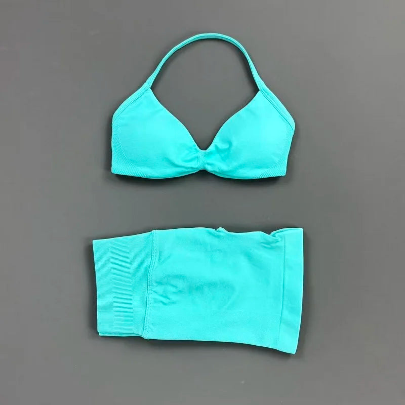 2 Pieces Yoga Gym Set Women Seamless Strappy Yoga Bra High Waist Workout Scrunch Shorts Sports Set Fitness Clothes Sportswear