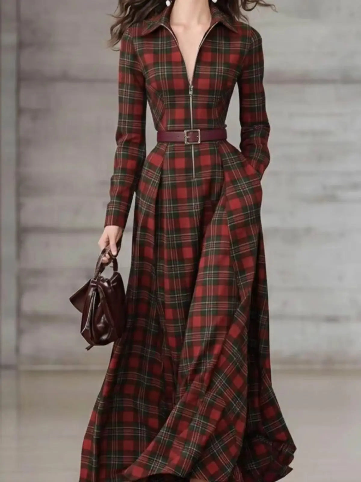 Plaid Print Collared Zip Front Maxi Dress For Women Long Sleeve Belted Waist Flared Hem Dress With Side Pockets