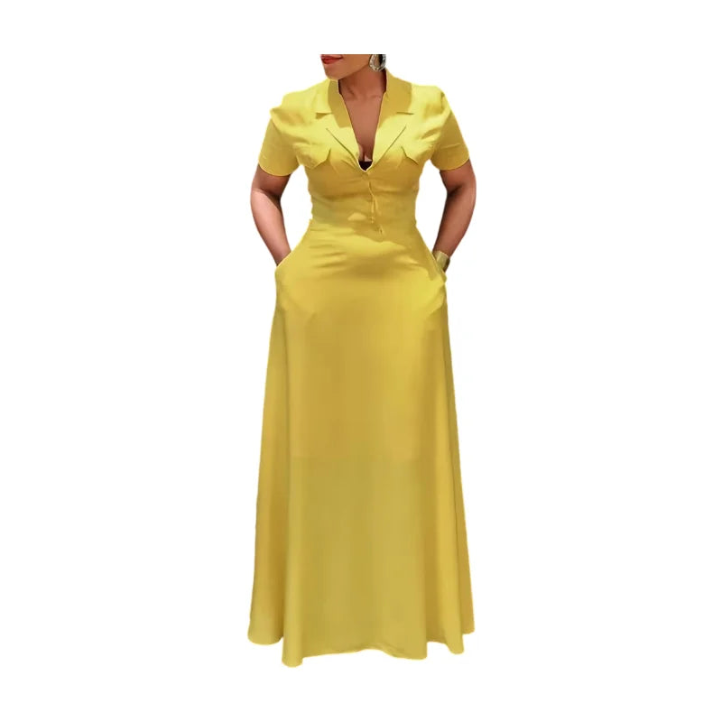 Women Lapel Collar Short Sleeve Button Maxi Dress With Side Pockets For Elegant Office Business And Daily Occasion