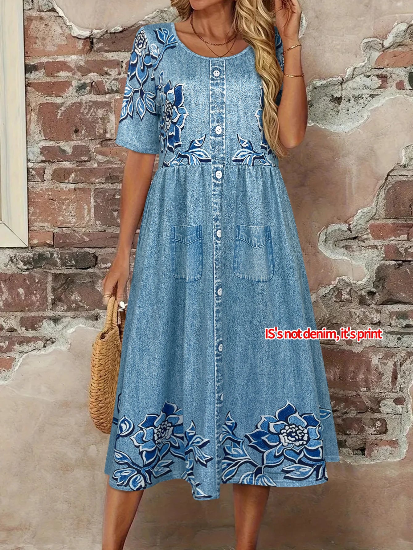 Women's Floral Print Faux Denim Midi Dress Summer Casual Print Button Front Print Pocket Short Sleeve Boho Sundress