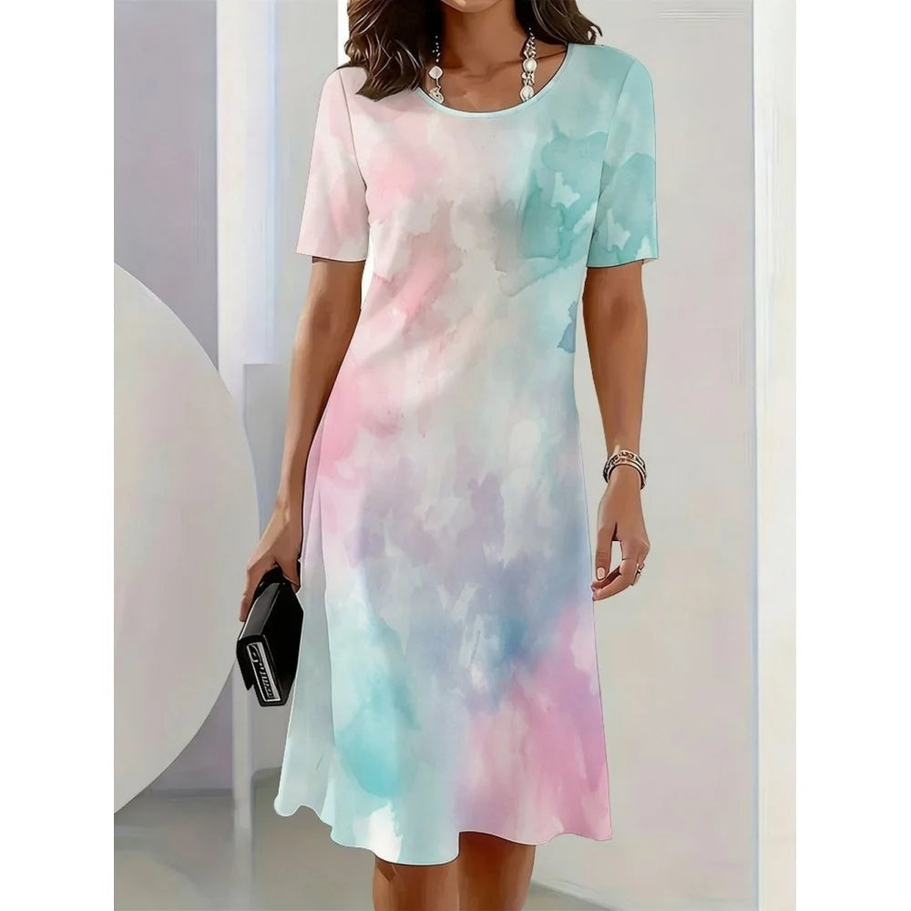 2026 New Women's Simple Gradient Color Casual Dresses Elegant Woman Clothes Evening Midi Dress Crew Neck Short Sleeve Dresses