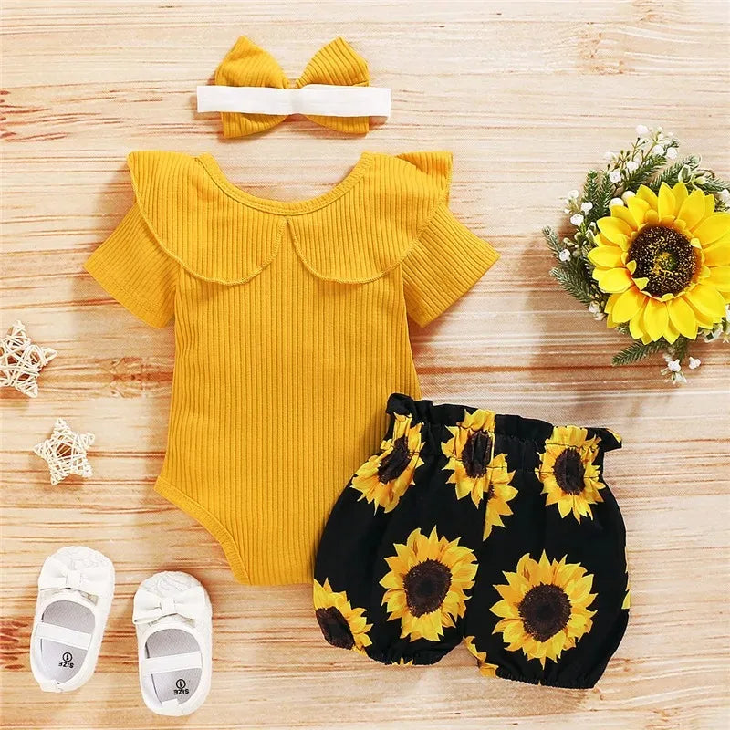 Summer Baby Girl  3pcs Ruffled Romper + Sunflower Print Shorts + Bow Headband Set For Infant Girls