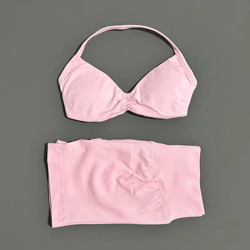 2 Pieces Yoga Gym Set Women Seamless Strappy Yoga Bra High Waist Workout Scrunch Shorts Sports Set Fitness Clothes Sportswear