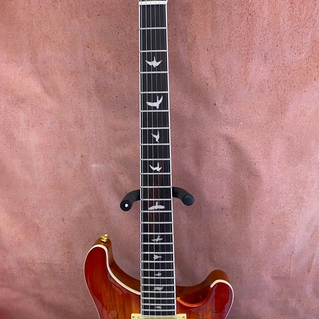 USA Local Stock Fast Dispatch Sunset Burl Veneer Semi-Hollow Electric Guitar 6 String, F-Hole Jazz Guitar, Bird Shape Abalone Inlay Fingerboard, HH Pickups, Gold Hardware Gloss Finish Premium Hollow-Body Electric Guitar