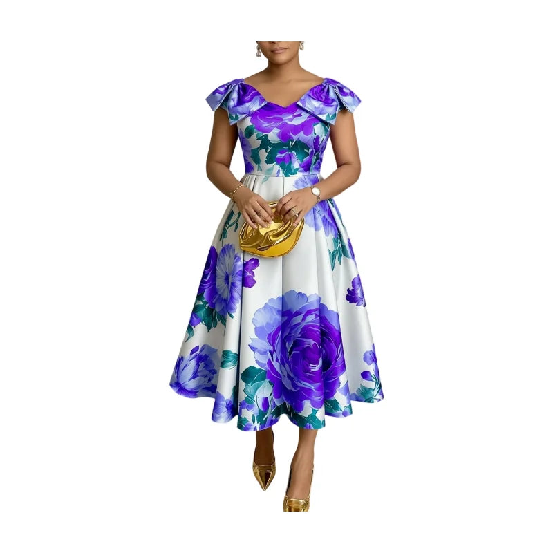 Off Shoulder Bow Strap Floral Print Midi Swing Dress For Women Wedding Guest Brunch Daily Elegant Party Occasions