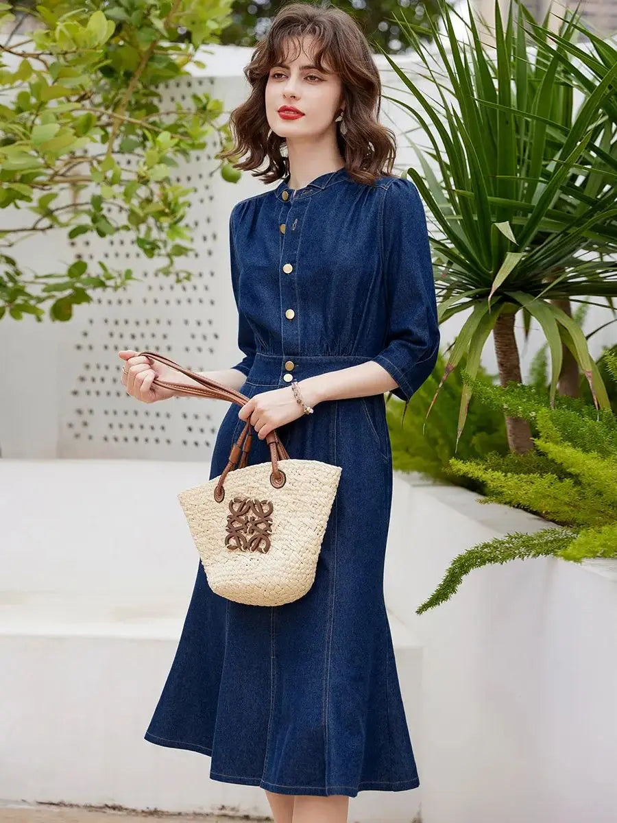 LOUIS YAO Women Denim Dress Retro Style Casual 2024 Spring Round Neck Three-quarter Sleeve Slim Fit A-line Fishtail Dress