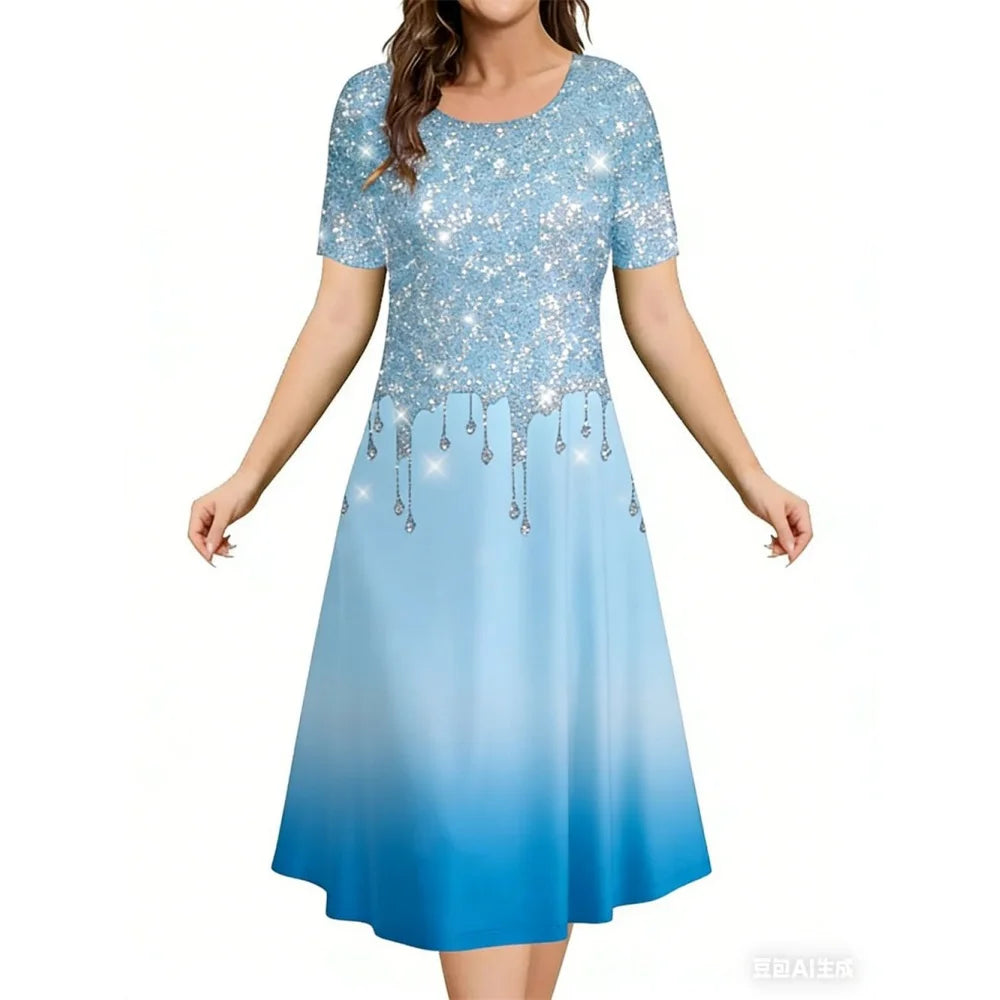 2026 New Women's Simple Gradient Color Casual Dresses Elegant Woman Clothes Evening Midi Dress Crew Neck Short Sleeve Dresses