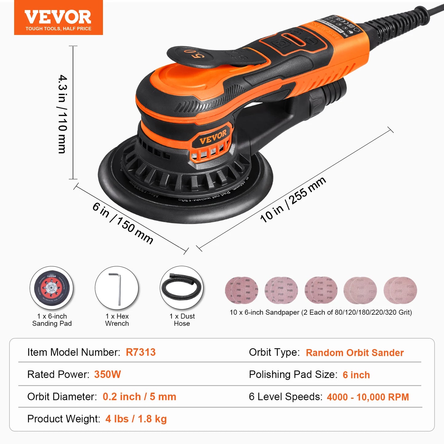SucceBuy Random Orbital Sander 350W Brushless 10000 PRM 6 Variable Speed Electric Orbital Sander for Woodworking Detail Sanding