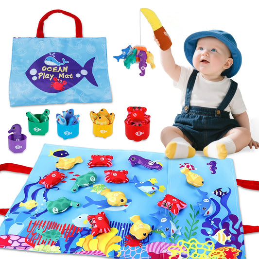 Montessori Toys for 1-2 Year Old Cloth Ocean Fishing Game with Stacking Cups Toddler Learning Toy Learn Count and Sort Colors