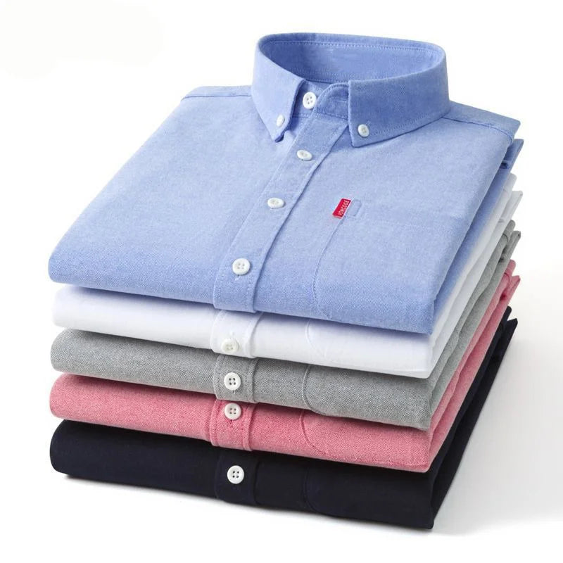 100% Cotton Oxford Shirt For Men Long Sleeve Solid Casual Business Regular-Fit Formal Dress Shirts Social Blouse Men's Clothing