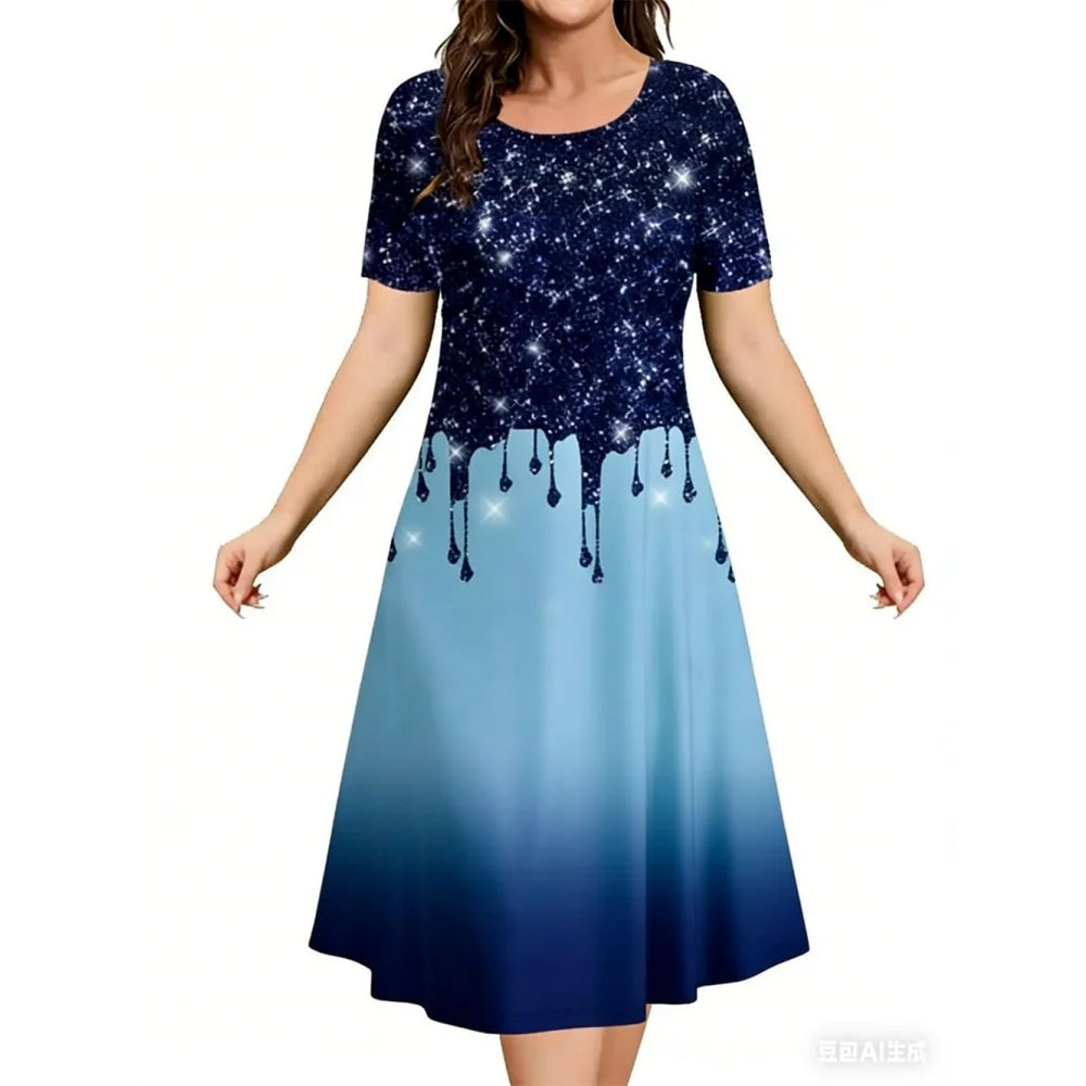 2026 New Women's Simple Gradient Color Casual Dresses Elegant Woman Clothes Evening Midi Dress Crew Neck Short Sleeve Dresses