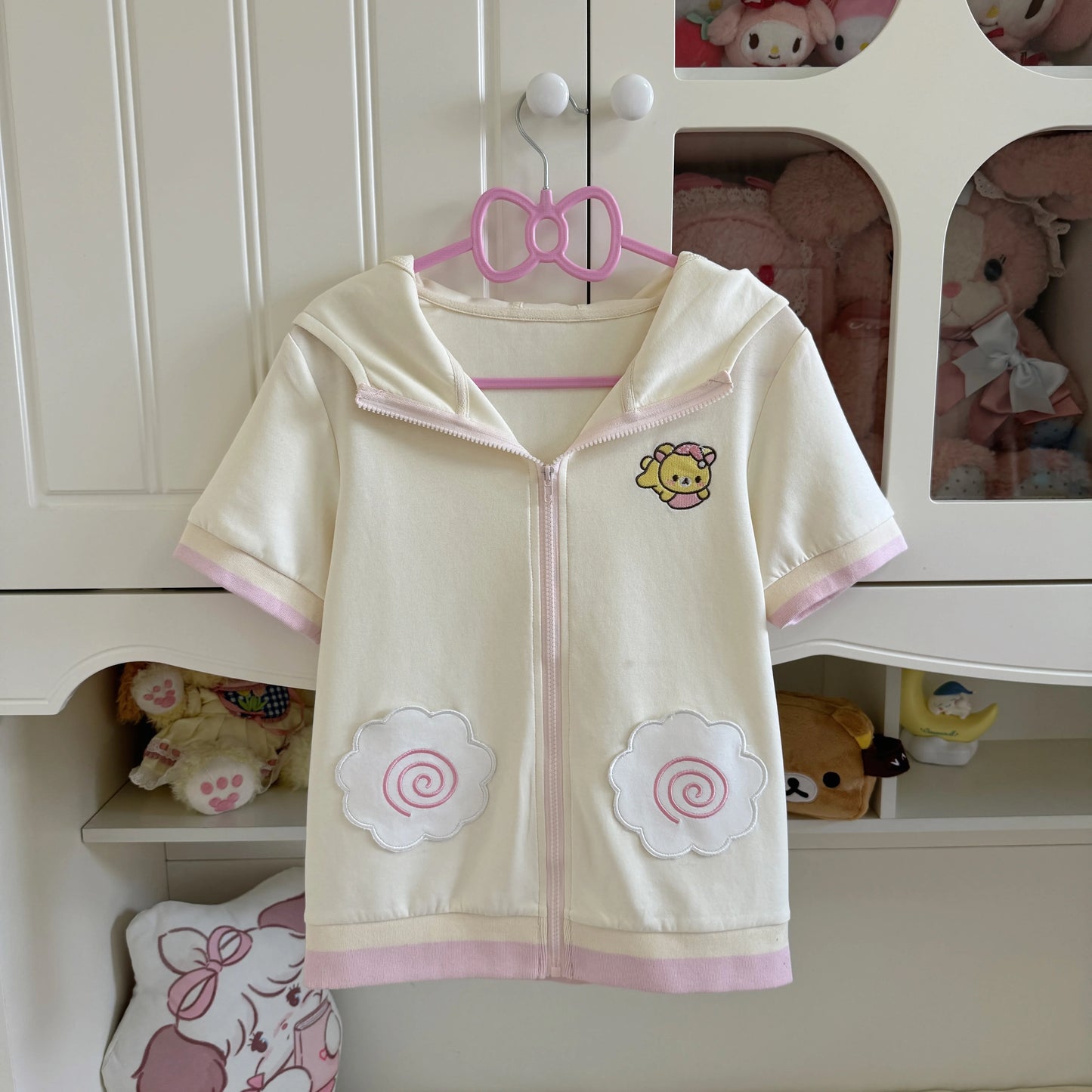 Bear Embroidered Short Sleeve Top Japanese Style Cute Soft Girl Summer Hooded Short Sleeve Zipper Jacket Women Slimming Top