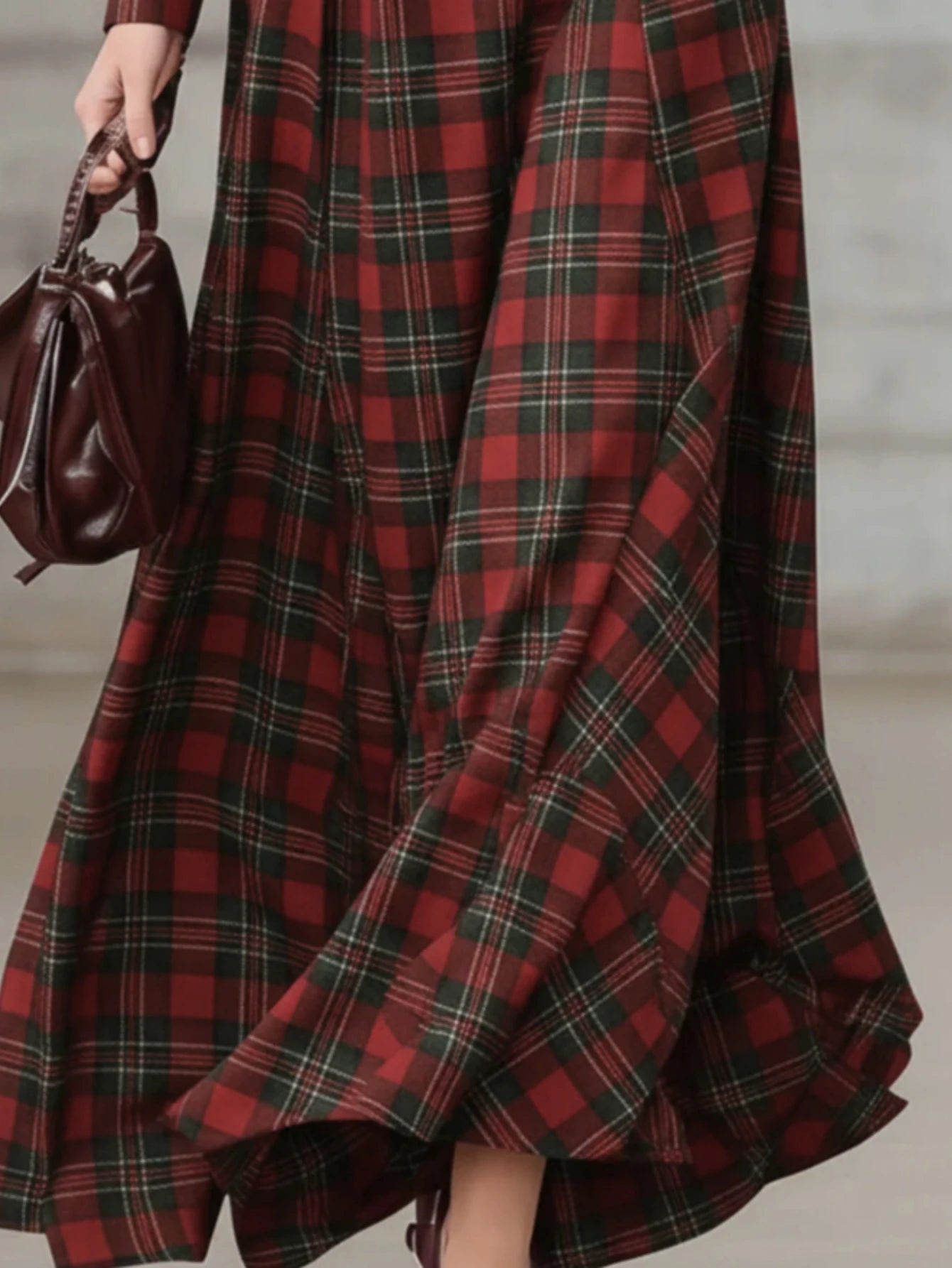 Plaid Print Collared Zip Front Maxi Dress For Women Long Sleeve Belted Waist Flared Hem Dress With Side Pockets