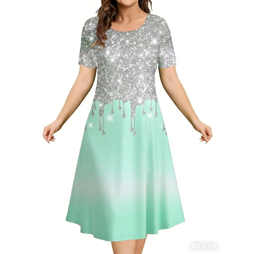 2026 New Women's Simple Gradient Color Casual Dresses Elegant Woman Clothes Evening Midi Dress Crew Neck Short Sleeve Dresses