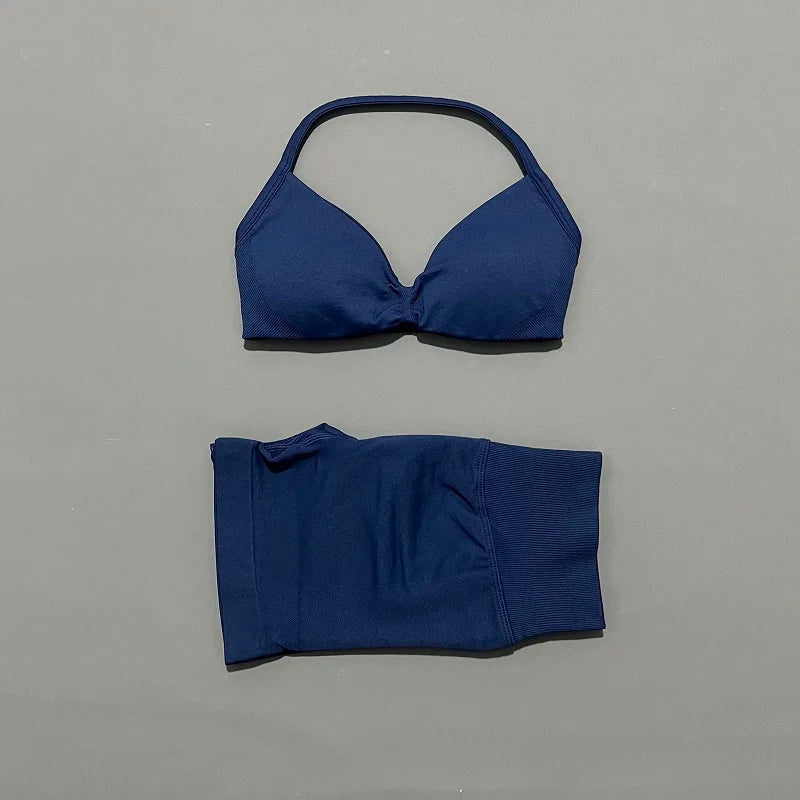 2 Pieces Yoga Gym Set Women Seamless Strappy Yoga Bra High Waist Workout Scrunch Shorts Sports Set Fitness Clothes Sportswear