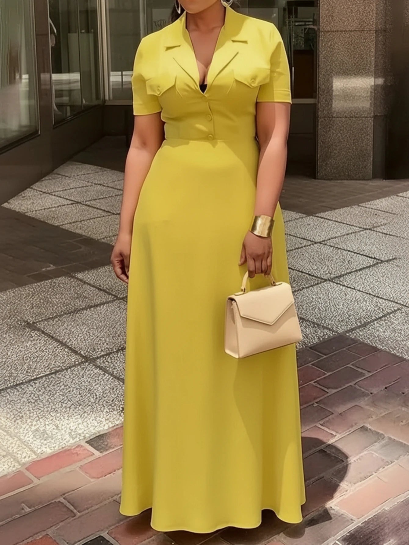 Women Lapel Collar Short Sleeve Button Maxi Dress With Side Pockets For Elegant Office Business And Daily Occasion