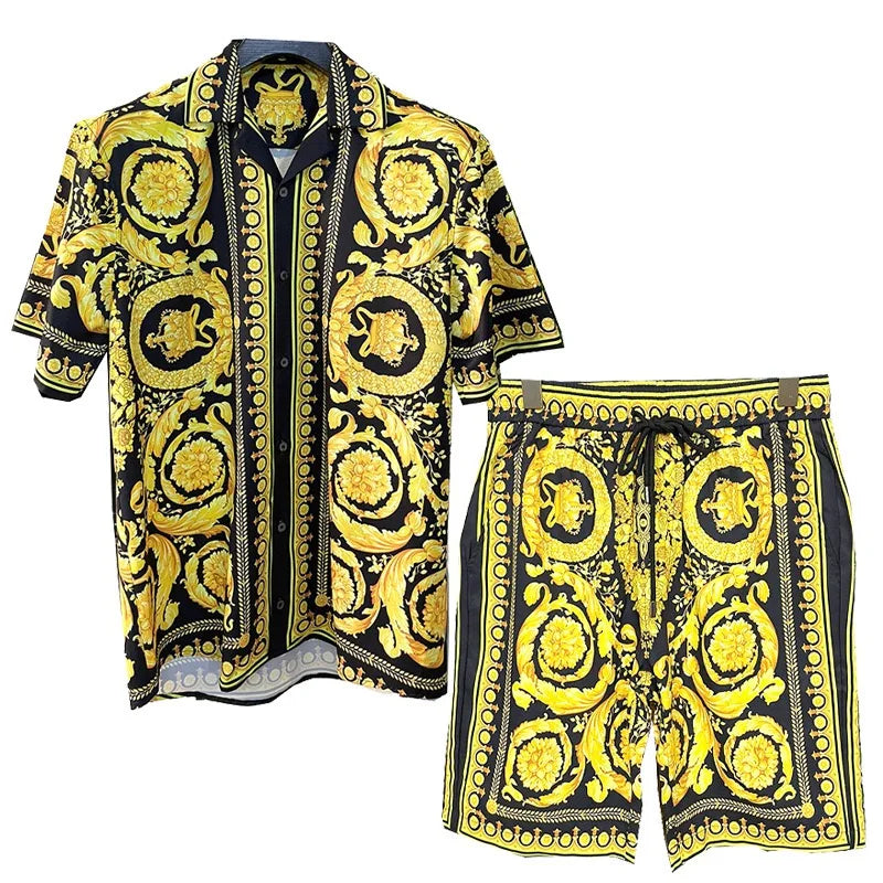 Vintage Men Shirts Sets Summer 3D Print Beach Short Sleeve Shirt Shorts Casual Trip Mens Hawaiian 2 Piece Suit S-5XL Man Blouse