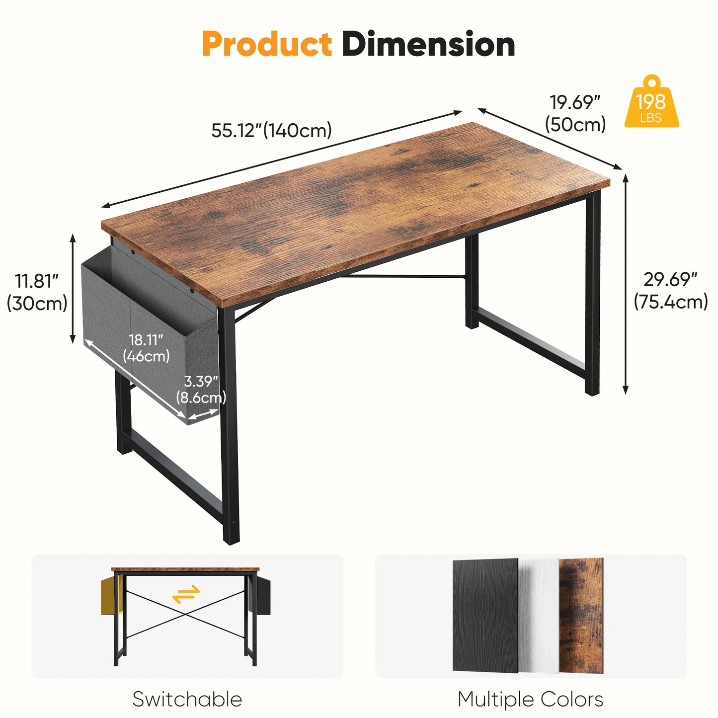 JHK 31IN to 55IN Computer Office Desk Writing Study Office Gaming Table with Storage Bag Metal Frame Wood Tabletop Easy Assembly