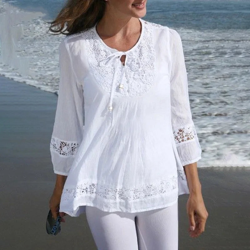 Elegant Lace Decoration Shirt Women Hollow Out O Neck Lace-up Pullover Blouse England Style Commuter Seven-quarter Sleeves Tops
