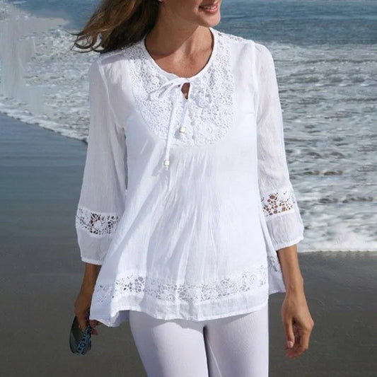 Elegant Lace Decoration Shirt Women Hollow Out O Neck Lace-up Pullover Blouse England Style Commuter Seven-quarter Sleeves Tops