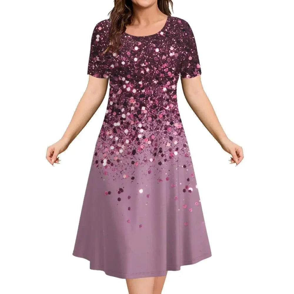 2026 New Women's Simple Gradient Color Casual Dresses Elegant Woman Clothes Evening Midi Dress Crew Neck Short Sleeve Dresses