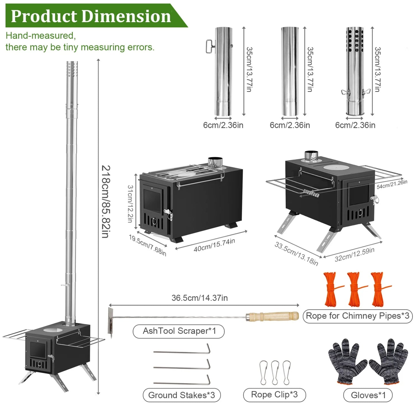 2 in 1 Portable Stainless Steel Hot Tent Stove Wood Burning Stove with 7 Chimney Pipes  for Outdoor Heating & Cooking Sauna Heater