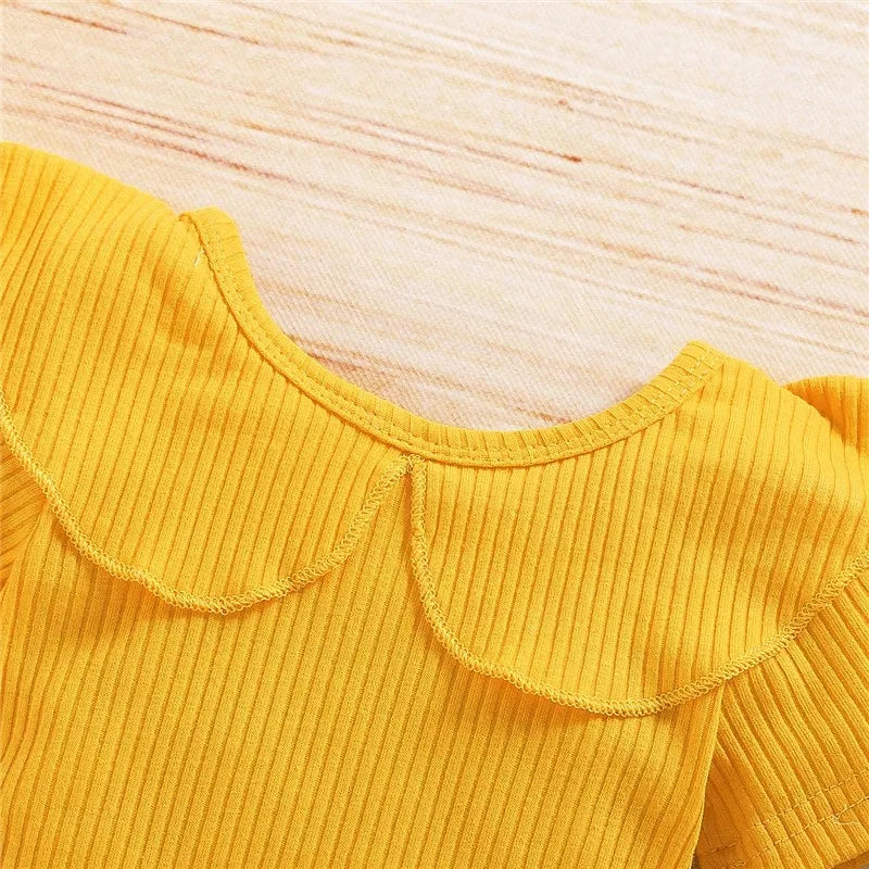 Summer Baby Girl  3pcs Ruffled Romper + Sunflower Print Shorts + Bow Headband Set For Infant Girls