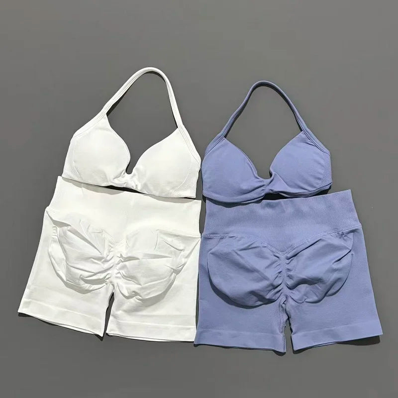 2 Pieces Yoga Gym Set Women Seamless Strappy Yoga Bra High Waist Workout Scrunch Shorts Sports Set Fitness Clothes Sportswear