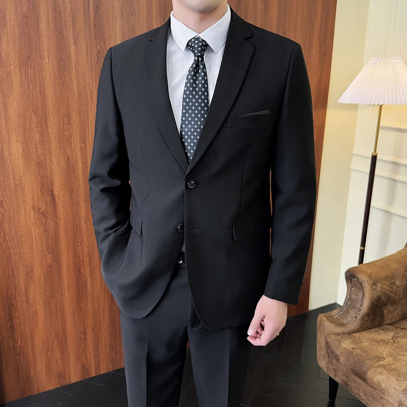 Suit (Blazer+ Pants) Fashion Men Solid Color Business Wedding Work Casual Slim Professional Dress Groom Best Man Gentleman Suit