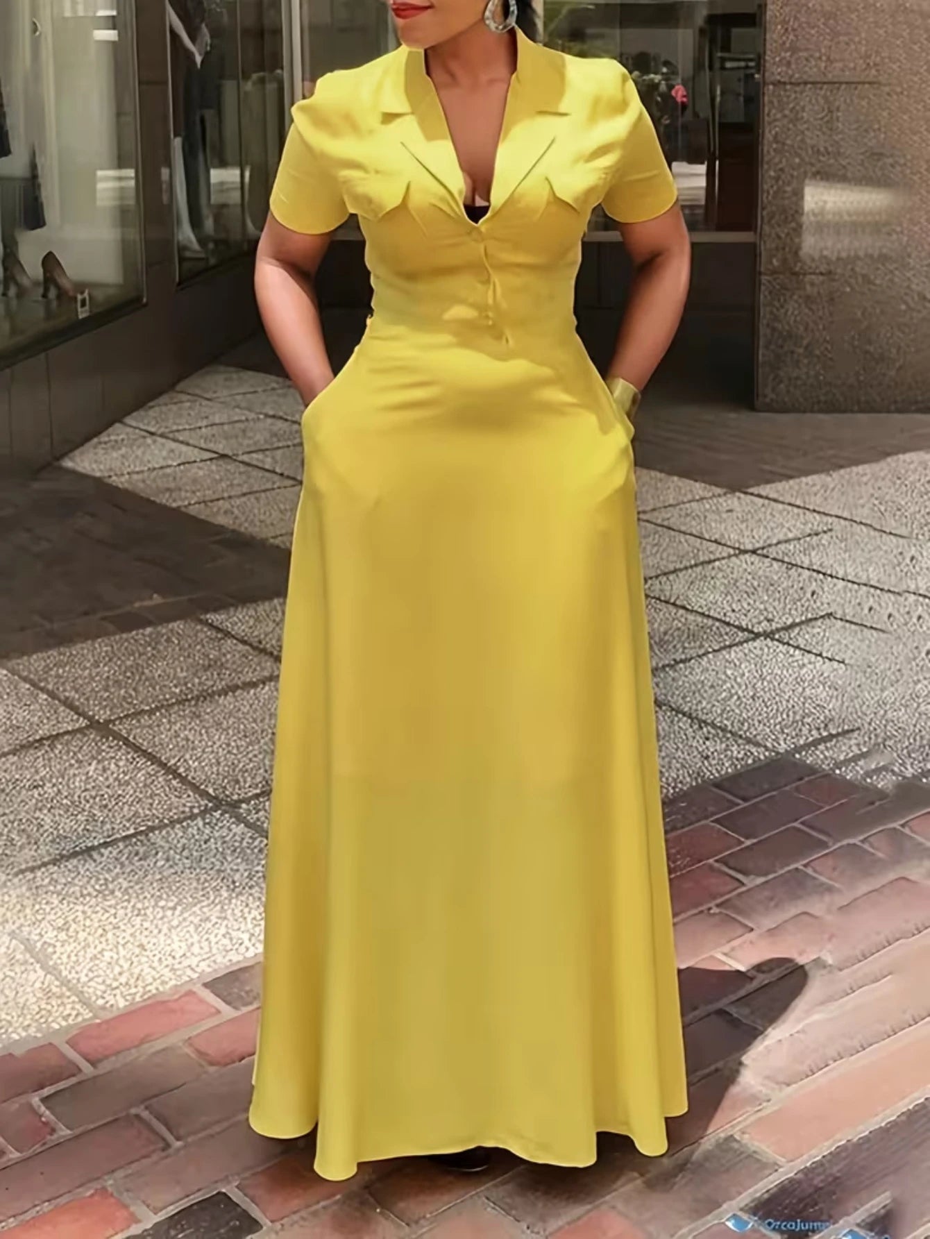 Women Lapel Collar Short Sleeve Button Maxi Dress With Side Pockets For Elegant Office Business And Daily Occasion