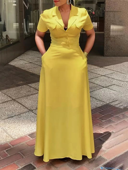 Women Lapel Collar Short Sleeve Button Maxi Dress With Side Pockets For Elegant Office Business And Daily Occasion